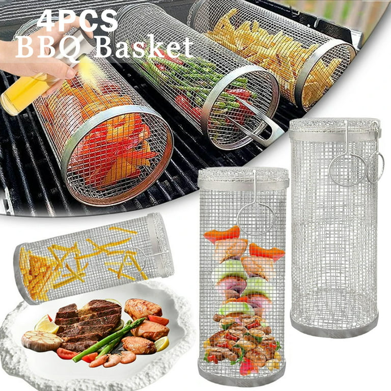 Grill Basket BBQ Grill Basket Rolling Grilling Basket Stainless Steel Grill  Mesh Useful Barbeque Grill Accessories Portable