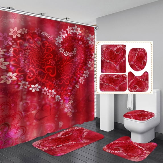 4PCS Romantic Valentine's Day Heart Shower Curtain Set, 3D Digital Printing Waterproof Shower Curtain + Rug Cover Mat + Toilet Lid Cover + Bath Mat