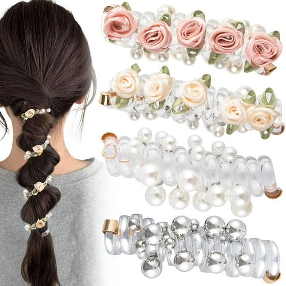 4PCS Rose Bead Spiral Hair Ties, 2 Styles Phone Cord Ponytail Holders for Women, Elegant Rubber Hair Coils, Stylish Hair Accessories for Party, Daily Use