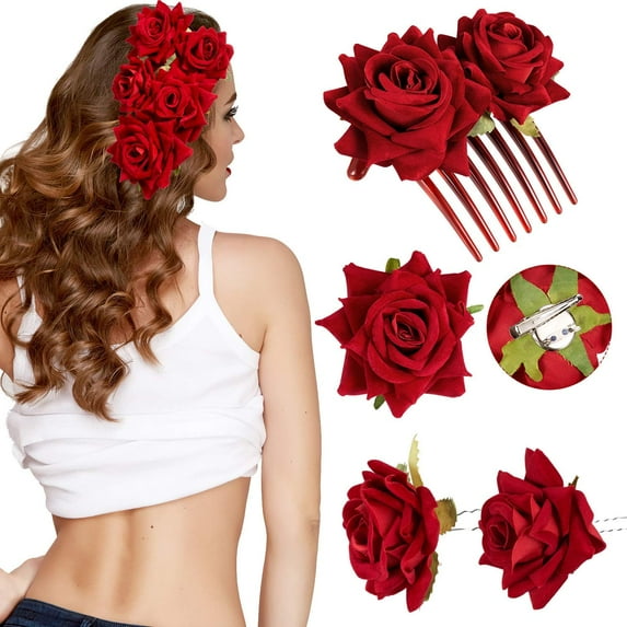 4PCS Rose Flower Hair Clip with Rose Flower Hair Comb Women Rose Flower Hair Accessories Bridal Rose Headpiece Flower Hairpin Rose Brooch for Women Girls Wedding Dancing Party