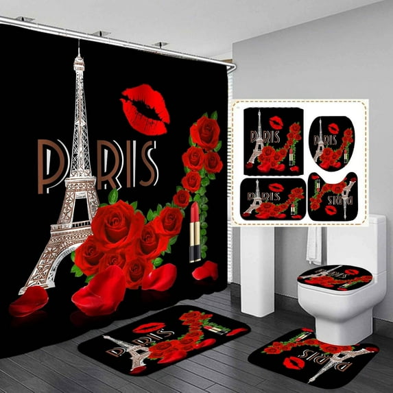4PCS Rose Gold Glitter Leopard High Heels Shower Curtain Set, Hello Gorgeous Bling Diamond Pearl Glam Fashion Bathroom Decor, Waterproof Fabric Pink Shower Curtain, Non-Slip Bath Mat