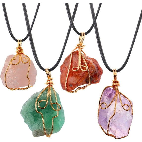 4PCS Rose Quartz Necklace, Crystal Pendant Necklaces for Woman, Wire Wrap Healing Necklace, Amethyst Clear Jewelry Chakra Handmade Spiritual Gemstone Gifts