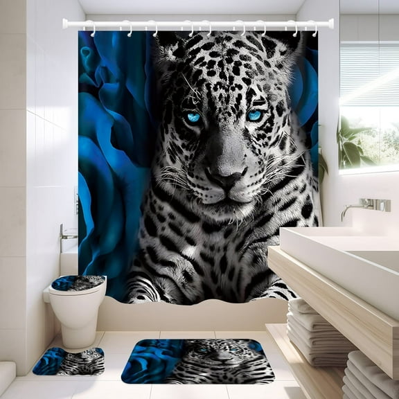 NEWEEN 4 Pcs Bathroom Shower Curtain Set,Durable Bathroom Decor Set with Rugs(Bath Mat,U Shape and Toilet Lid Cover Mat) and 12 Hooks,Blue Rose and Leopard