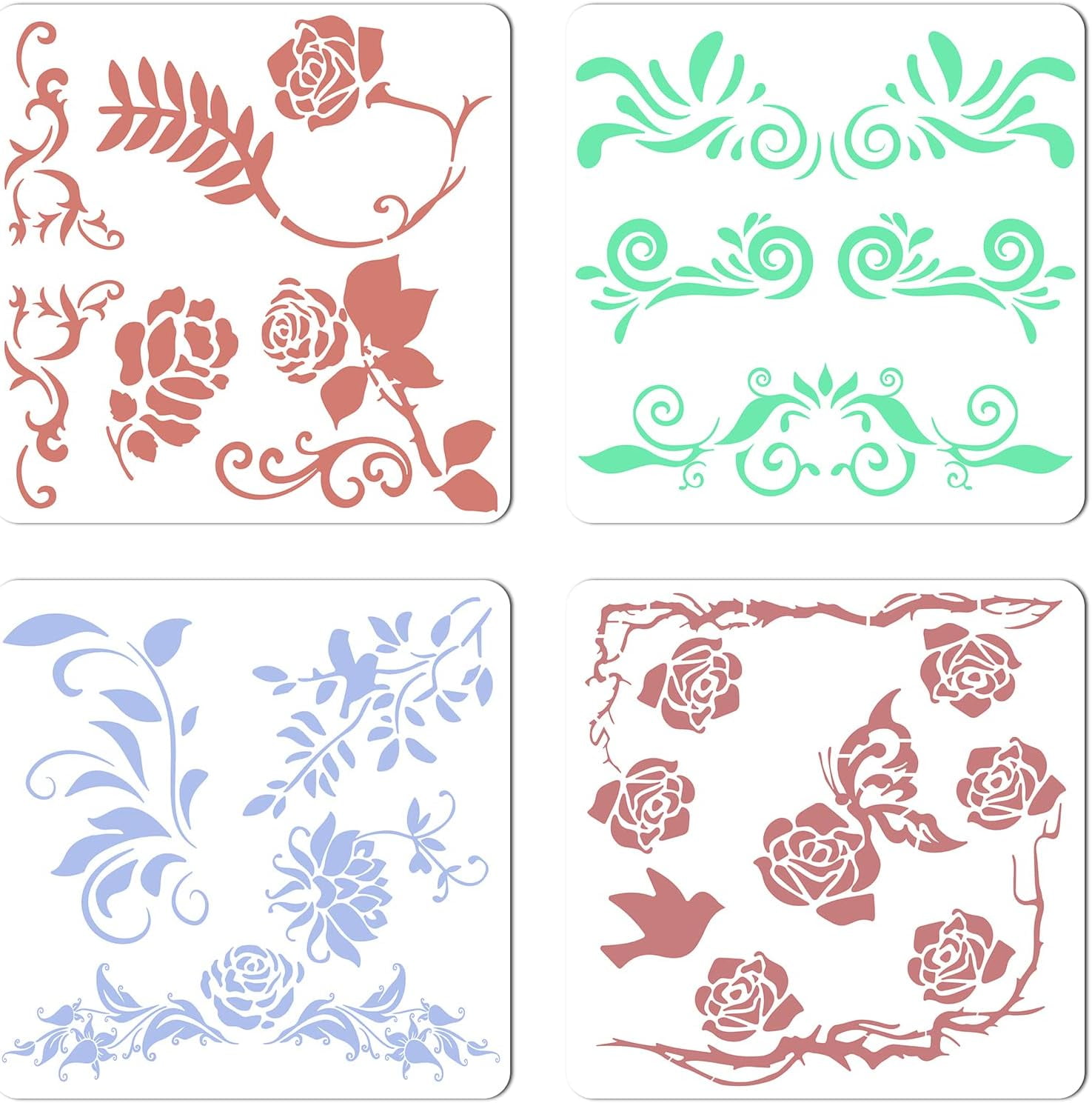 4PCS Rose Stencil Flowers Vines Tile Stencils for Painting on Wood ...