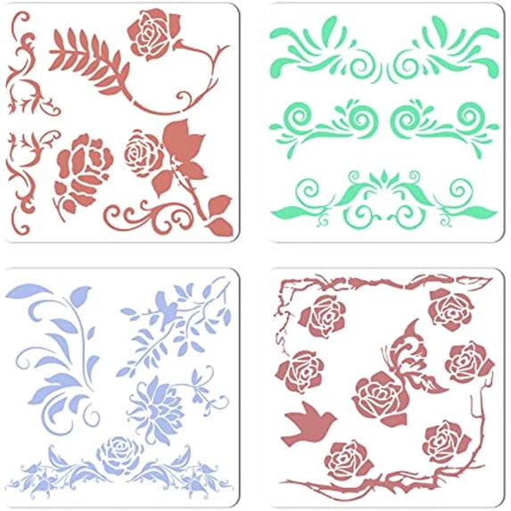 4PCS Rose Stencil Flowers Vines Tile Stencils for Painting on Wood ...