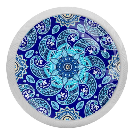 4PCS Round Blue Ethnic Flowers Cabinet Fluorescence Knob Glowing in the Dark Furniture Drawer Pulls Handle with Screws