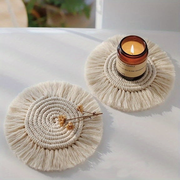 4PCS Round Braided Coaster with Tassels, Handmade Macrame Cup Cushion in Bohemian Style, Non-Slip Coffee Pad for Restaurants