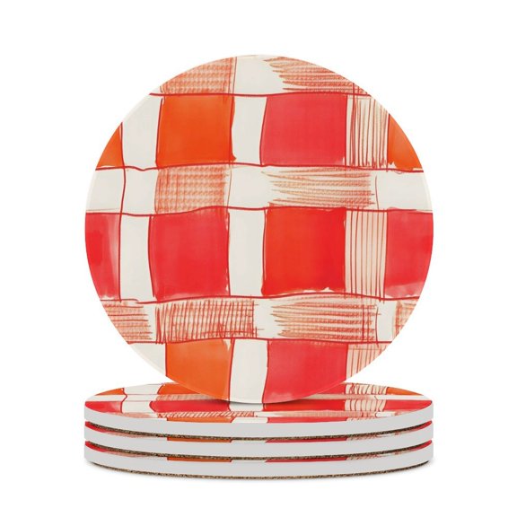 4PCS Round Ceramic Coaster 4.1in Cork Bottom Suitable For Water Mug Coffee Mug White Wine Mug Easy To Clean Prevent Table Wear And Scratch OrangeRed Houndstooth Checkered Hand-drawn Sketch_1