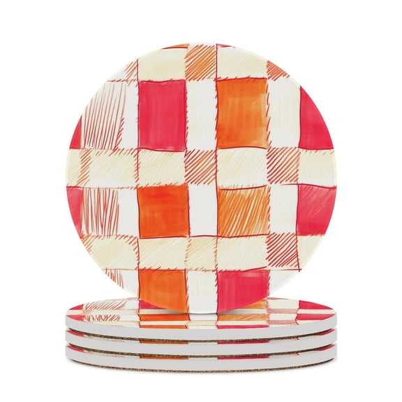 4PCS Round Ceramic Coaster 4.1in Cork Bottom Suitable For Water Mug Coffee Mug White Wine Mug Easy To Clean Prevent Table Wear And Scratch OrangeRed Houndstooth Checkered Hand-drawn Sketch_4