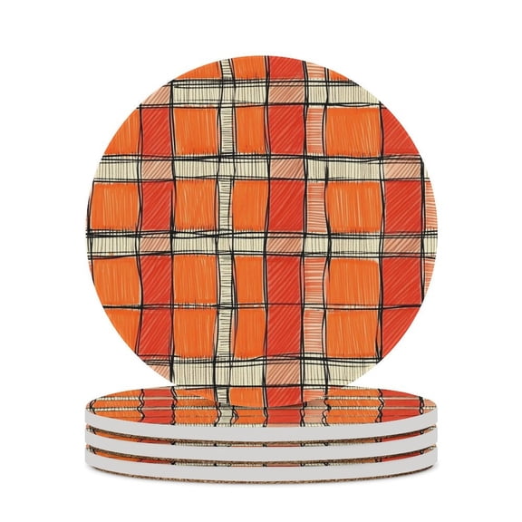 4PCS Round Ceramic Coaster 4.1in Cork Bottom Suitable For Water Mug Coffee Mug White Wine Mug Easy To Clean Prevent Table Wear And Scratch OrangeRed Houndstooth Checkered Hand-drawn Sketch_3