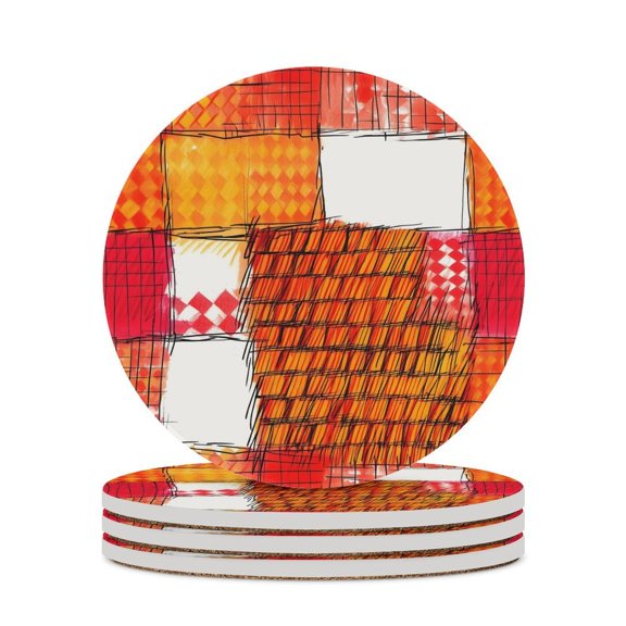 4PCS Round Ceramic Coaster 4.1in Cork Bottom Suitable For Water Mug Coffee Mug White Wine Mug Easy To Clean Prevent Table Wear And Scratch OrangeRed Houndstooth Checkered Hand-drawn Sketch_2