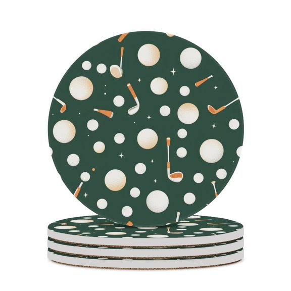 4PCS Round Ceramic Coaster 4.1in Cork Bottom Suitable For Water Mug Coffee Mug White Wine Mug Easy To Clean Prevent Table Wear And Scratch Smoothly Seamless Golf Pattern