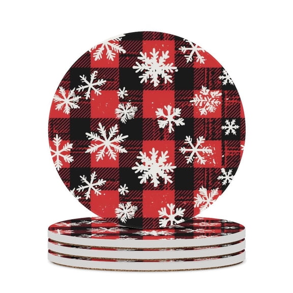 4PCS Round Ceramic Coaster 4.1in Cork Bottom Suitable For Water Mug Coffee Mug White Wine Mug Easy To Clean Prevent Table Wear And Scratch Snowflakes on The Red And Black Checkered Pattern (2)