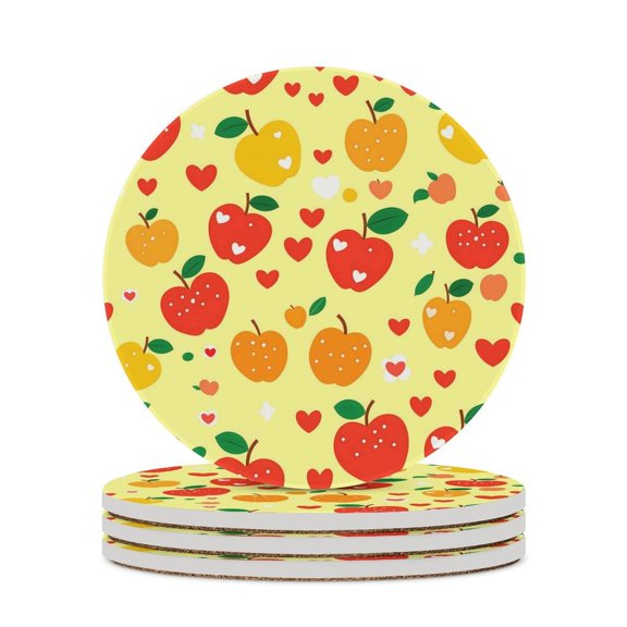 4PCS Round Ceramic Coaster 4.1in Cork Bottom Suitable For Water Mug Coffee Mug White Wine Mug Easy To Clean Prevent Table Wear And Scratch Yellow And Red Apples