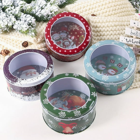 4PCS Round Christmas Cookie Tins Christmas Tin Gift Box Creative Candy Jar Transparent Lid Metal Cookie Box Tin Holders Box Set for Christmas
