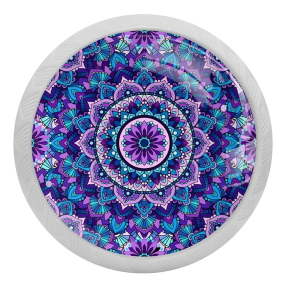 4PCS Round Mandala Purple Cabinet Fluorescence Knob Glowing in the Dark Furniture Drawer Pulls Handle with Screws