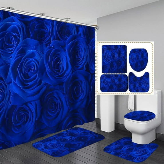 4PCS Royal Blue Rose Shower Curtain Set, Romantic Flower Blooming Floral Bouquet Rose Wall Valentine's Day Girls Women Bathroom Decor Fabric Shower Curtain, Non-slip Bath Mat Toilet Rug