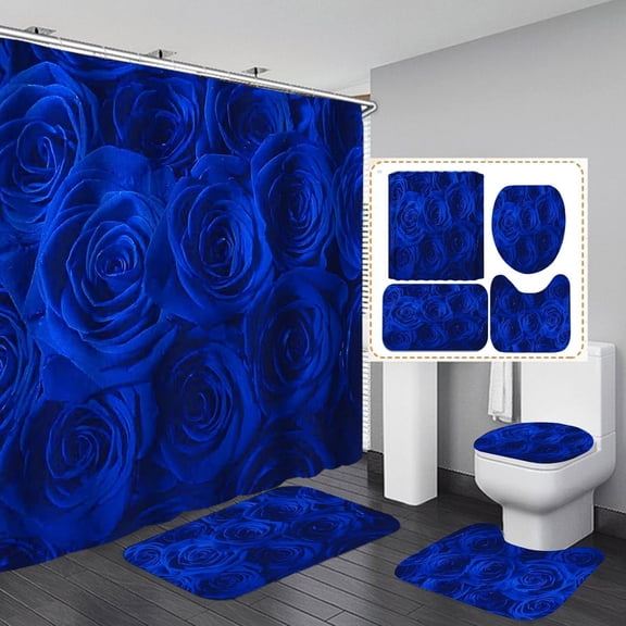 4PCS Royal Blue Rose Shower Curtain Set, Romantic Flower Blooming Floral Bouquet Rose Wall Valentine's Day Girls Women Bathroom Decor Fabric Shower Curtain, Non-slip Bath Mat Toilet Rug
