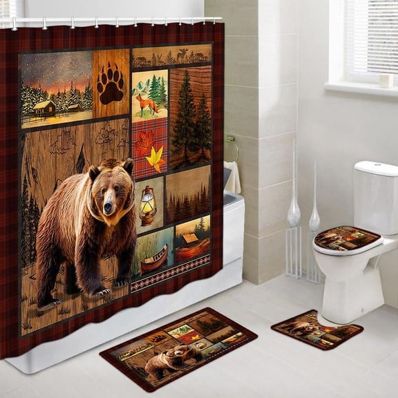 4PCS Rustic Bear Shower Curtain Set, Country Lodge Rustic Cabin Deer Moose Wildlife Lake RV Shower Curtain, Farmhouse Camp Hunting Bathroom Rugs Toilet Lid Cover and U Shape Mat 12 Hooks