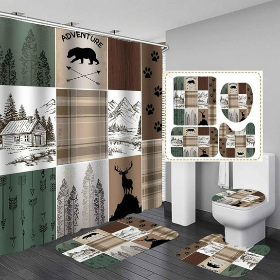 4PCS Rustic Cabin Shower Curtain Sets with Rugs, Waterproof Fabric Shower Curtain, Christmas Red Plaid Black Bear Deer Elk Moose Wildlife Forest Lodge Hunting Country Farmhouse Bathroom Decor