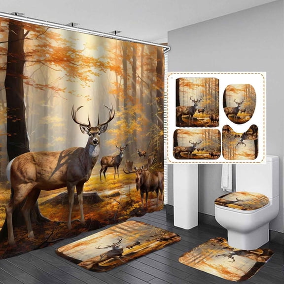 4PCS Rustic Cabin Shower Curtain Sets with Rugs, Waterproof Fabric Shower Curtain, Woodland Animal Bear Deer Mallard Duck Bass Fish Wildlife Lake Hunting Lodge Country Farmhouse Bathroom Decor