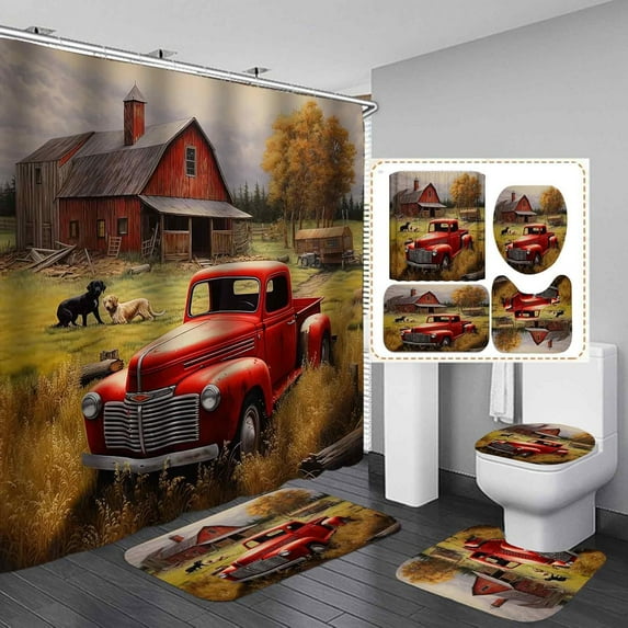 4PCS Rustic Farmhouse Shower Curtain Set, Antique Red Truck Car Vintage Farm Pickup Truck Tractor Dog Autumn Fall Barn Cabin Lodge Country Bathroom Decor, Non-Slip Bath Mat Toilet Rug
