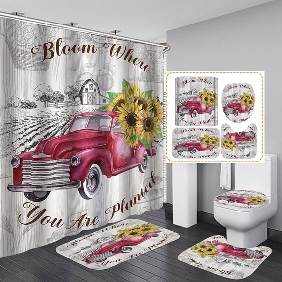 4PCS Rustic Farmhouse Shower Curtain Set, Antique Red Truck Car Vintage Farm Pickup Truck Tractor Dog Autumn Fall Barn Cabin Lodge Country Bathroom Decor, Non-Slip Bath Mat Toilet Rug