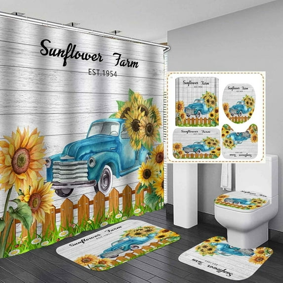 4PCS Rustic Farmhouse Shower Curtain Set, Antique Red Truck Car Vintage Farm Pickup Truck Tractor Dog Autumn Fall Barn Cabin Lodge Country Bathroom Decor, Non-Slip Bath Mat Toilet Rug