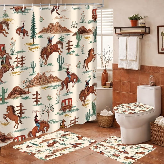 4PCS Rustic Lodge Cabin Shower Curtains Set, Red and Black Plaid Woodland Wildlife Bathroom Decor Set with Non-Slip Rugs, Toilet Lid Cover and Bath Mat, 12 Hooks 72X72IN