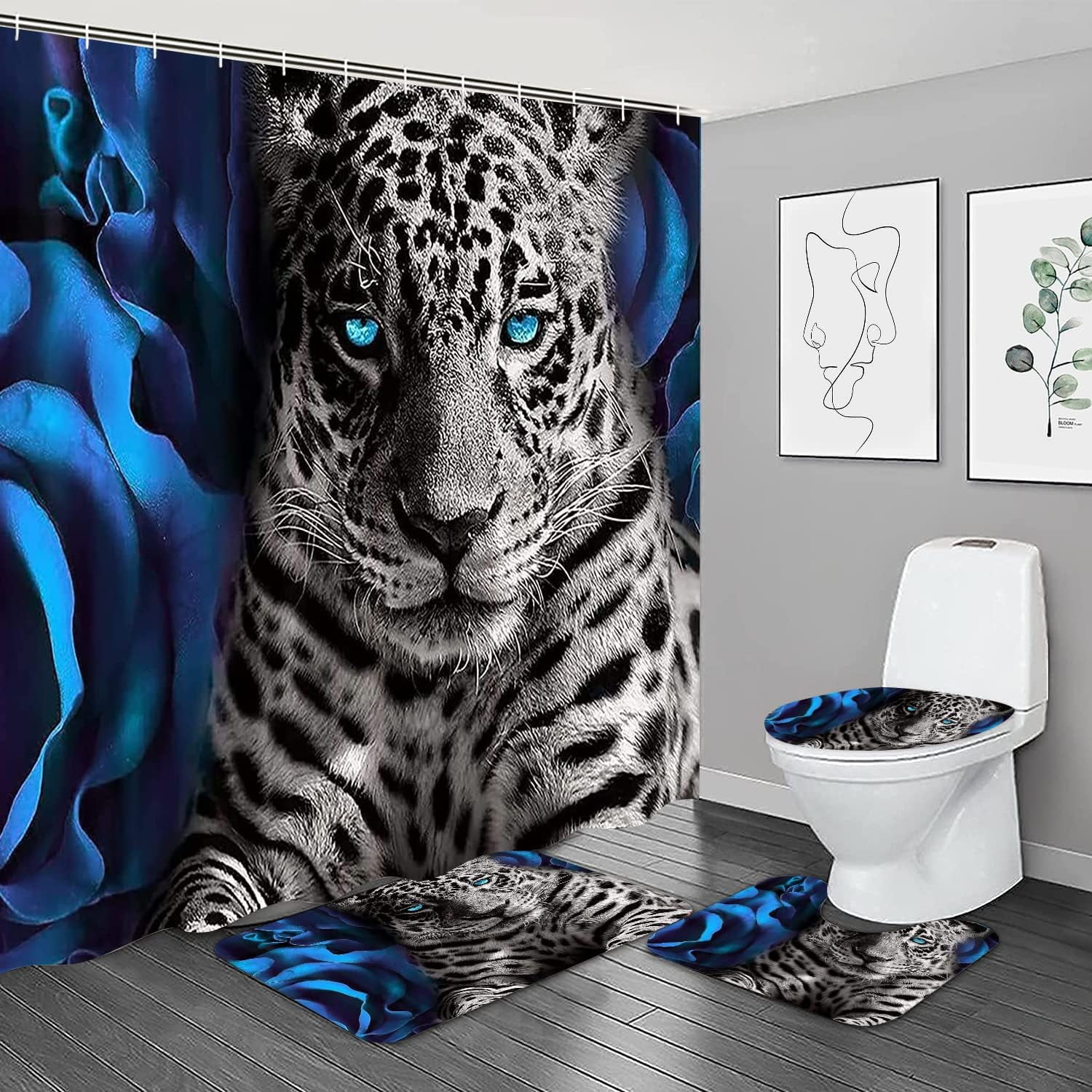 4PCS Rustic Teal Flower Farmhouse Shower Curtain Set,Waterproof Teal ...