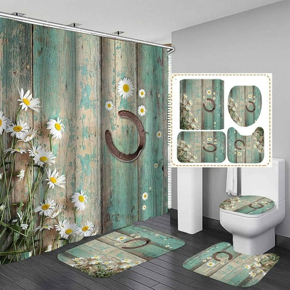 4PCS Rustic Western Shower Curtain Set, Bathroom Rules Butterfly Cowboy Hat Boots Wagon Wheel Vintage Brown Texas Star Horseshoe Barn Wood Country Farmhouse Bathroom Decor, Non-Slip Bath Mat