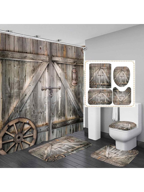 4PCS Rustic Western Shower Curtain Set, Bathroom Rules Butterfly Cowboy Hat Boots Wagon Wheel Vintage Brown Texas Star Horseshoe Barn Wood Country Farmhouse Bathroom Decor, Non-Slip Bath Mat