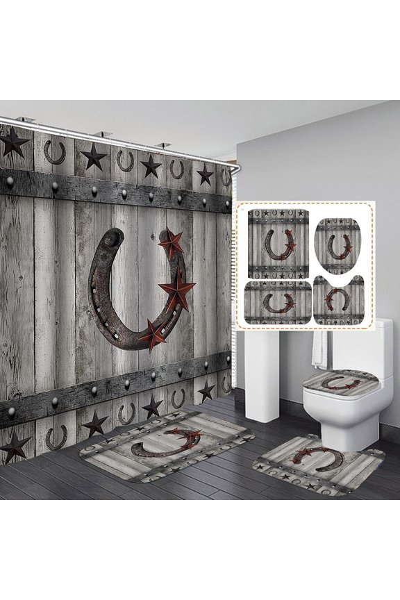 4PCS Rustic Western Shower Curtain Set, Bathroom Rules Butterfly Cowboy Hat Boots Wagon Wheel Vintage Brown Texas Star Horseshoe Barn Wood Country Farmhouse Bathroom Decor, Non-Slip Bath Mat