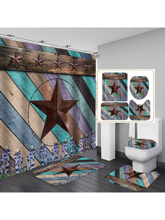 4PCS Rustic Western Shower Curtain Set, Bathroom Rules Butterfly Cowboy Hat Boots Wagon Wheel Vintage Brown Texas Star Horseshoe Barn Wood Country Farmhouse Bathroom Decor, Non-Slip Bath Mat