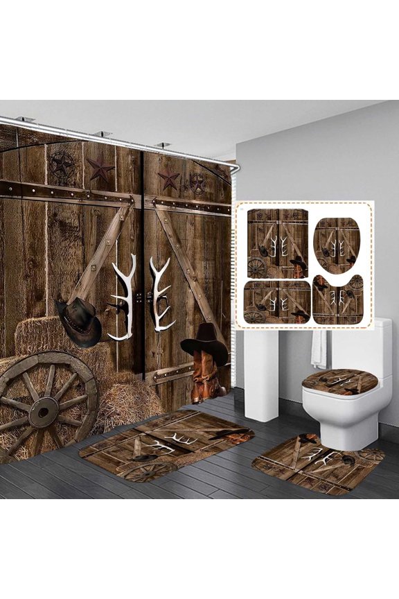 4PCS Rustic Western Shower Curtain Set, Bathroom Rules Butterfly Cowboy Hat Boots Wagon Wheel Vintage Brown Texas Star Horseshoe Barn Wood Country Farmhouse Bathroom Decor, Non-Slip Bath Mat