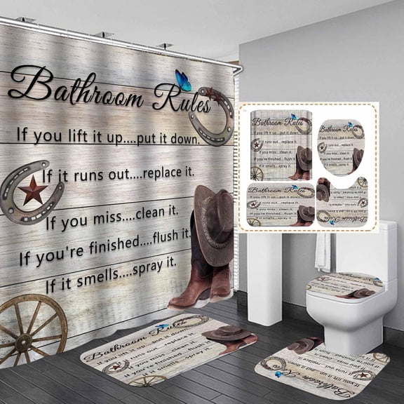 4PCS Rustic Western Shower Curtain Set, Bathroom Rules Butterfly Cowboy Hat Boots Wagon Wheel Vintage Brown Texas Star Horseshoe Barn Wood Country Farmhouse Bathroom Decor, Non-Slip Bath Mat