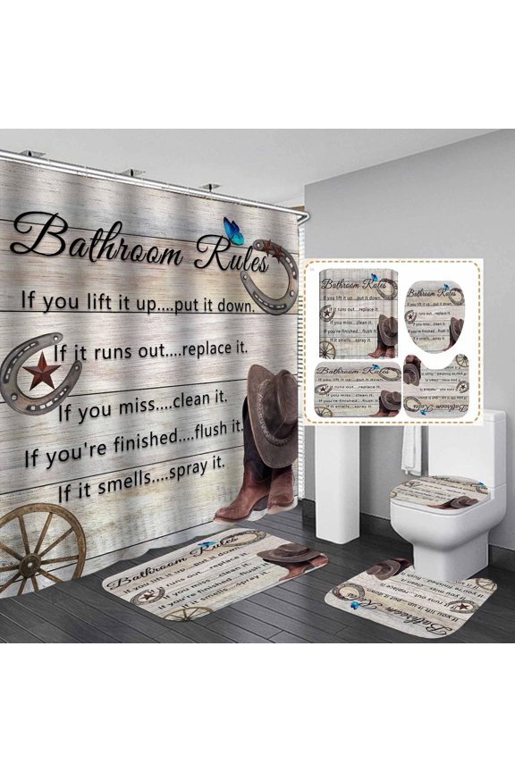 4PCS Rustic Western Shower Curtain Set, Bathroom Rules Butterfly Cowboy Hat Boots Wagon Wheel Vintage Brown Texas Star Horseshoe Barn Wood Country Farmhouse Bathroom Decor, Non-Slip Bath Mat