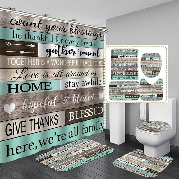 4PCS/SET Blue Butterfly Shower Curtain set, Inspirational Quotes Rustic Wood Board Farmhouse Bathroom Decor, Waterproof Fabric Shower Curtain, Non-slip Bath Rugs Soft Toilet Mat, Love & Faith