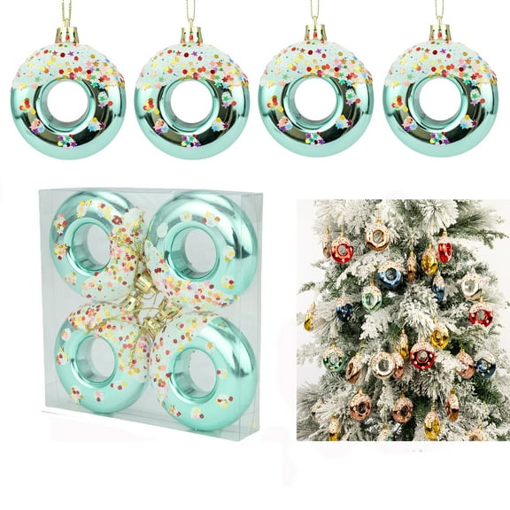 4PCS/SET Christmas Donut Ornaments Glass Christmas Tree Donut Hanging Ornaments Mini Cupcake Donut Dessert Ornament Set for Xmas Tree Pendant Home Birthday Party Decoration (Donut Style)