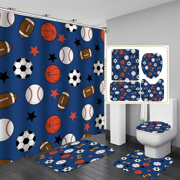 4PCS/SET Fantasy Burning American Football Fabric Shower Curtain set, Creative Rugby Sport Theme Bathroom Decor for Boys, Non-slip Bath Rugs Soft Toilet Carpet, for Men, Flying
