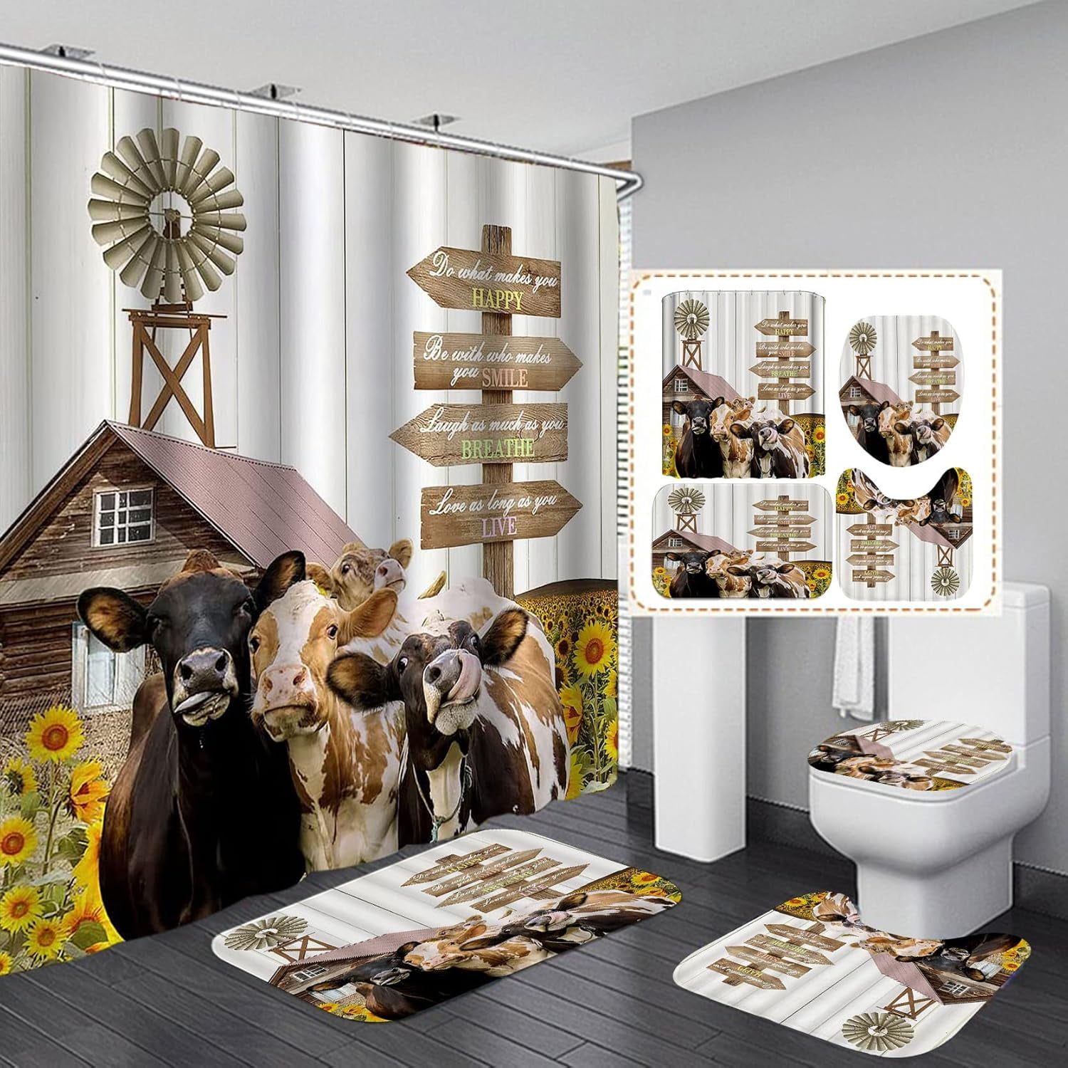 4PCS/SET Highland Cow Shower Curtain set, Black and White Funny Farm ...