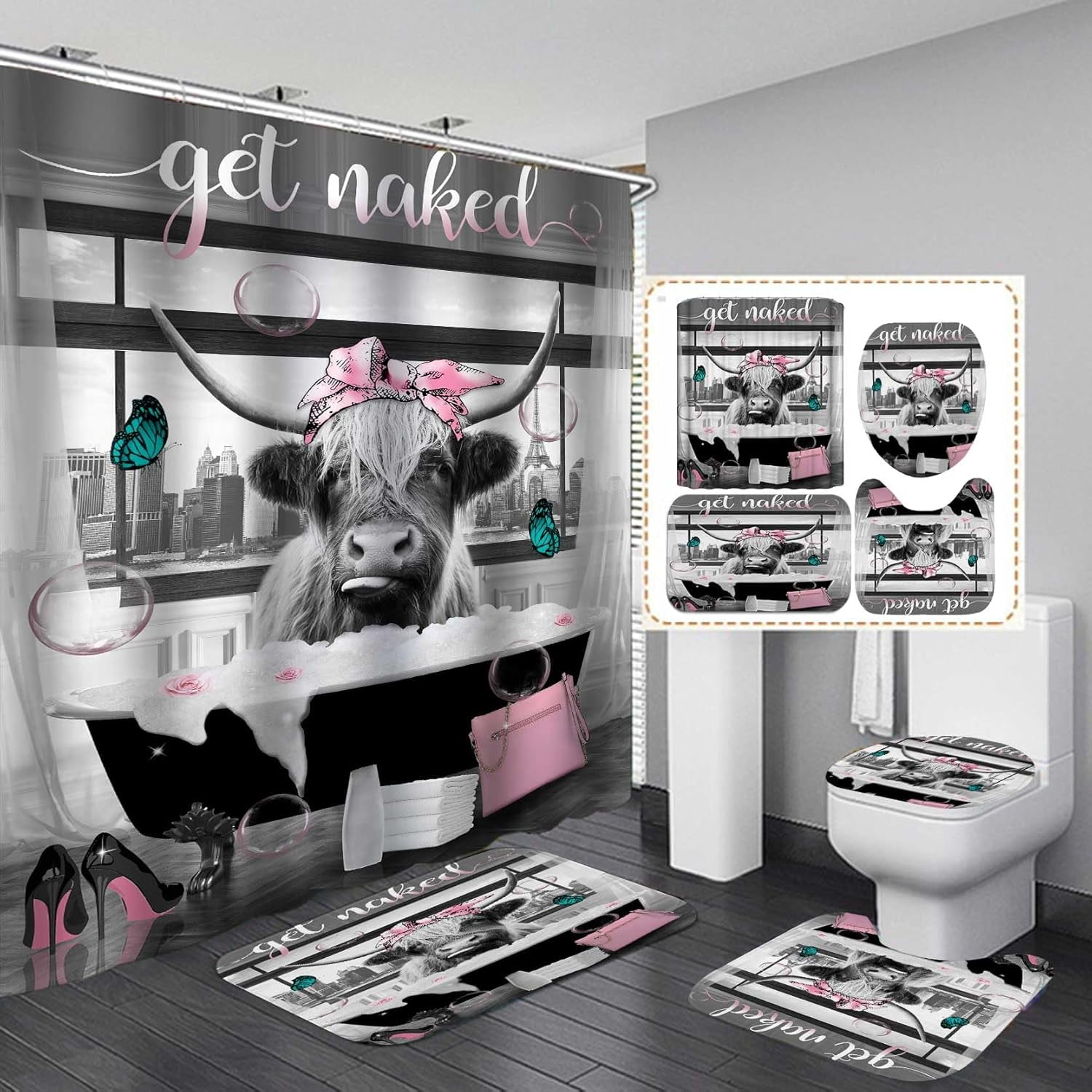 4PCS/SET Highland Cow Shower Curtain set, Black and White Funny Farm ...