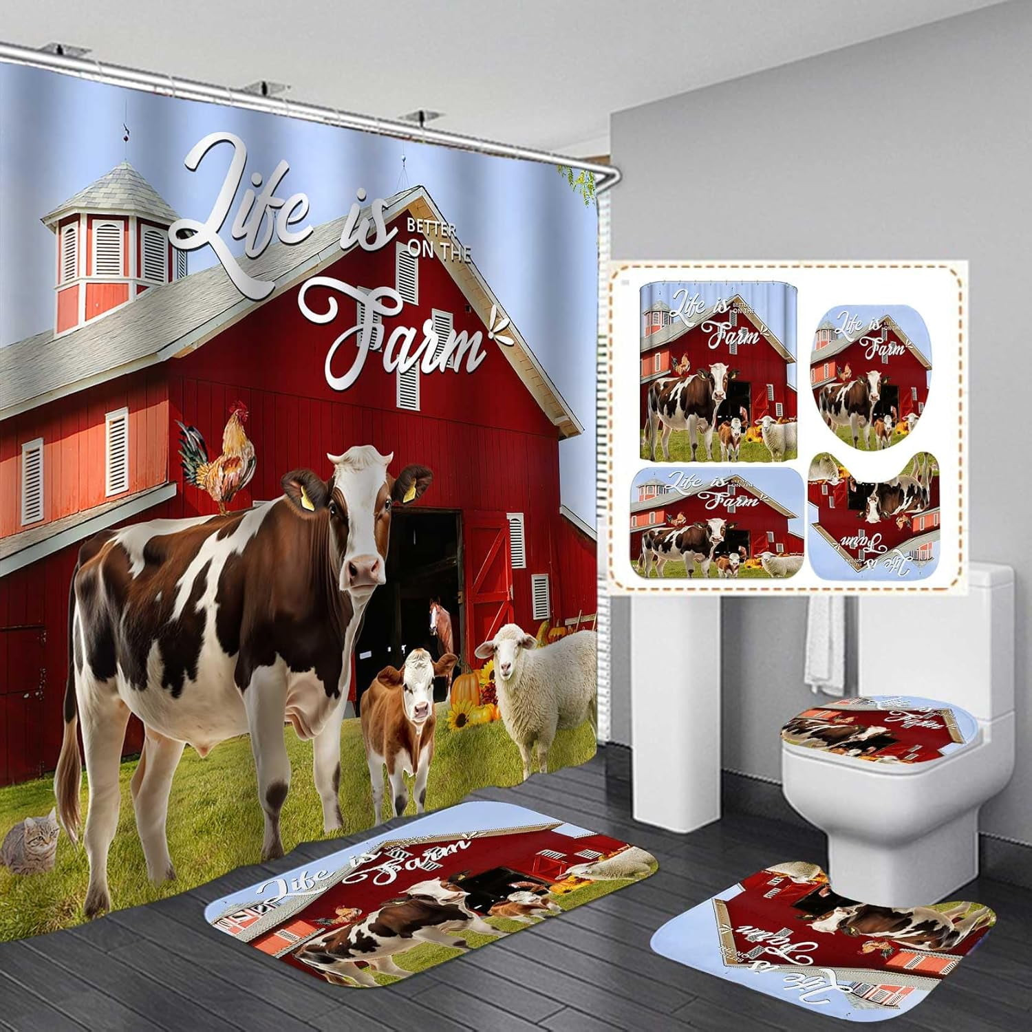 4PCS/SET Highland Cow Shower Curtain set, Black and White Funny Farm ...