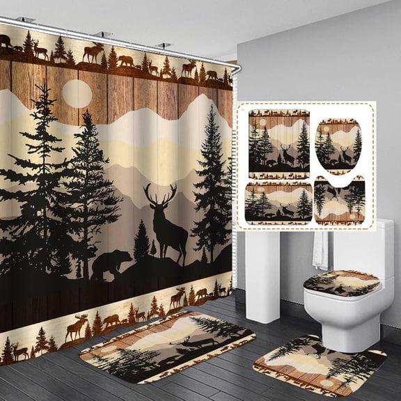 4PCS/SET Rustic Bear Family Fabric Shower Curtain, Wild Animal Silhouettes Forest Wildlife Cabin Farmhouse Wood Plank Bathroom Decor, Non-slip Bath Rugs Soft Toilet Mat, Black White Check