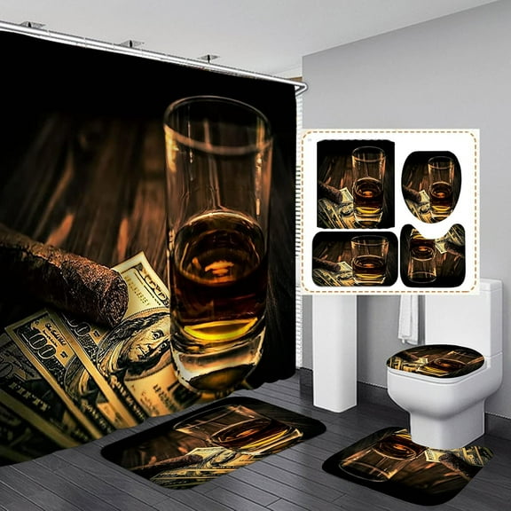 4PCS/SET Whisky and Money Fabric Shower Curtain set, Vintage 100 Dollar Bill Cigar Glass Winery Modern Art Bathroom Decor, Waterproof Bath Curtain, Non-slip Bath Rugs Toilet Mat, Brown Table