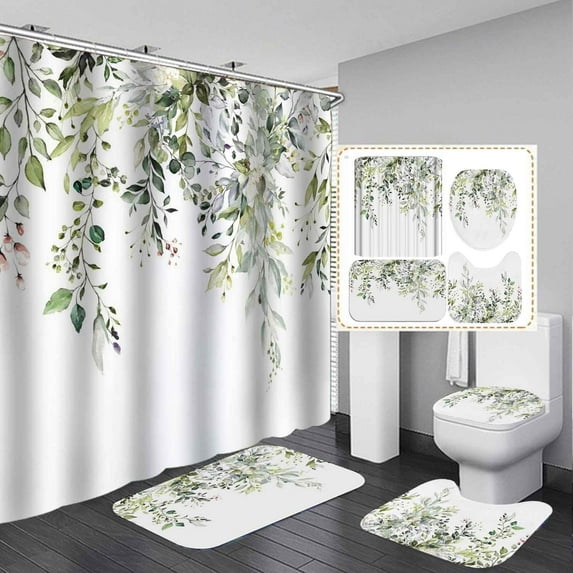 4PCS Sage Green Eucalyptus Shower Curtain Set, Waterproof White Fabric Shower Curtain, Non-Slip Bath Mat Bathroom Rugs, Watercolor Leaves Plant Floral Spring Natural Botanical Bathroom Decor