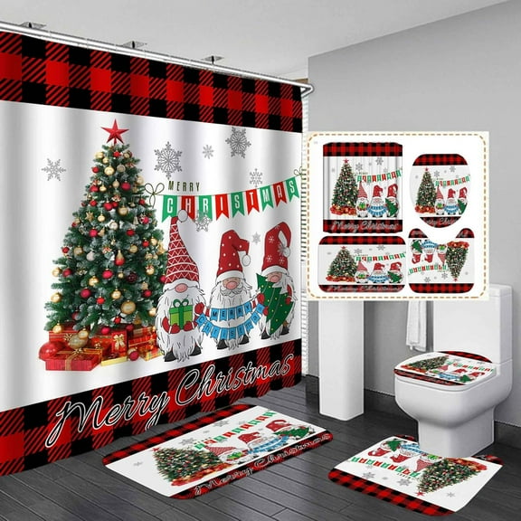 4PCS Santa Claus Shower Curtain Set, Xmas Gifts Green Pine Branch Winter Holiday Christmas Kids Bathroom Decor, Waterproof Fabric Red Shower Curtain, Non-Slip Bath Mat Toilet Rug