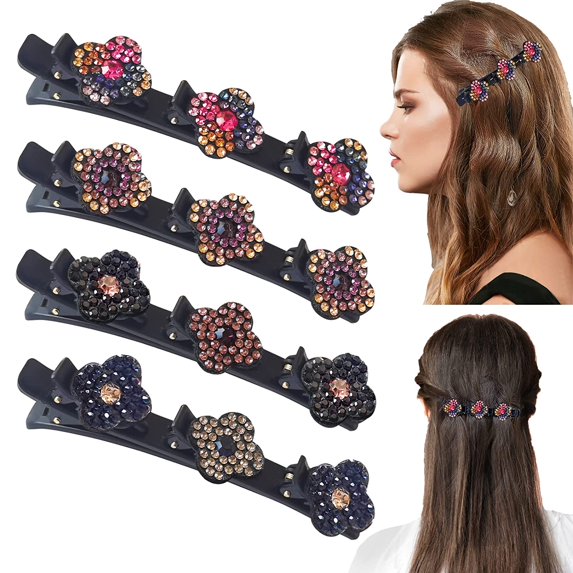 4PCS Satin Fabric Hair Bands, Sparkling Crystal Stone Braided Hair Clips, Braided Hair Clips with 3 Small Clips, Crystal Braided Clips with Rhinestones, Rhinestone Hair Clips for Women Girls