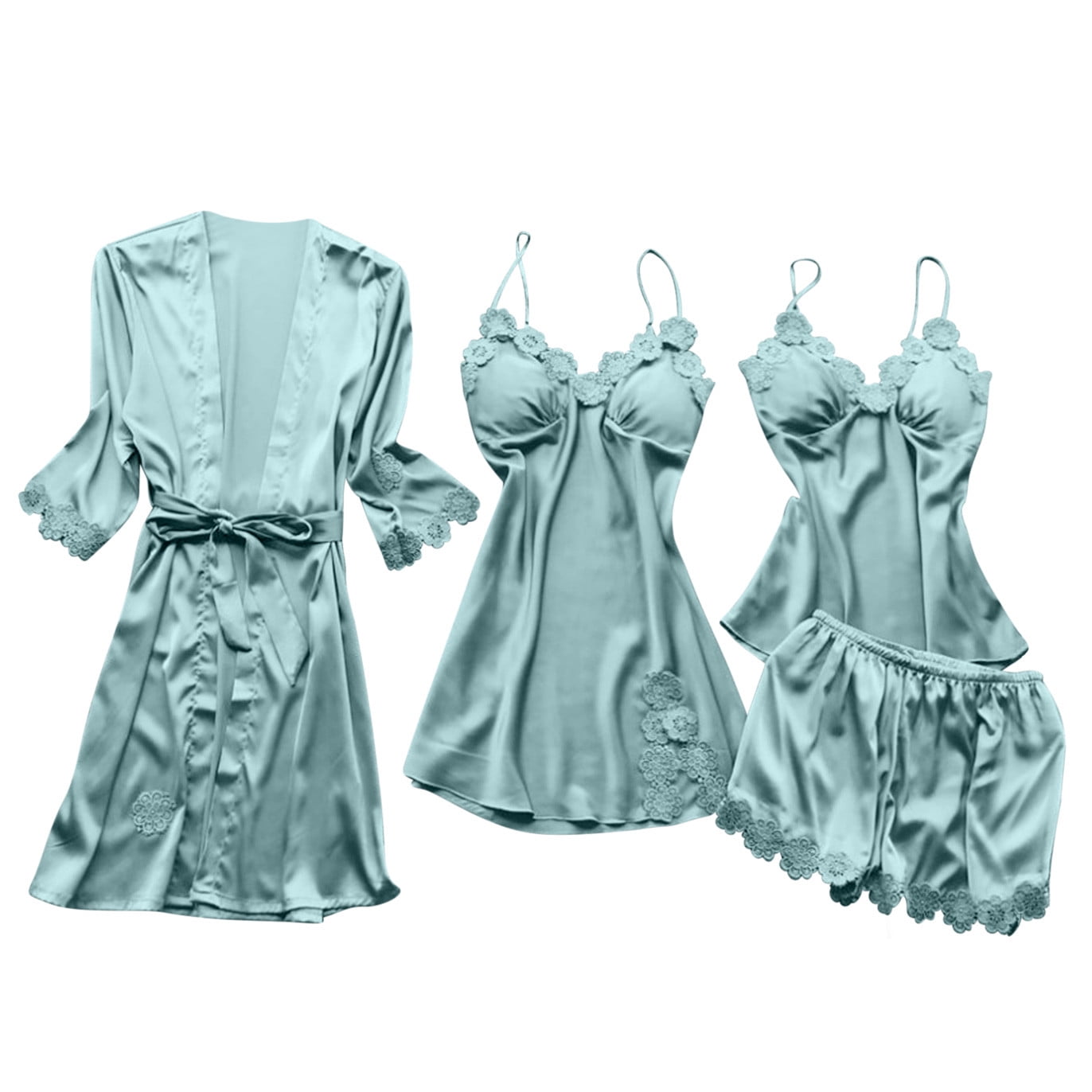 4PCS Satin Pajama Set Women 4 Piece Nightgown Suits Cami Top + Lace-Up ...