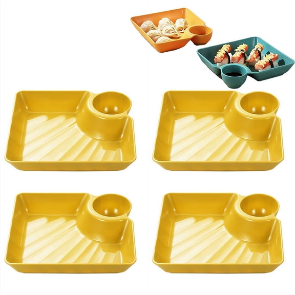 4PCS Sauce Separated Plate, 2026 NEW Japanese Dumpling Plate with Sauce Dish, Veggie Platter Reusable Chip and Dip Serving Dish for Dumplings,Tacos,Appetizers,Fruit & Charcuterie,Party Everyday Dini